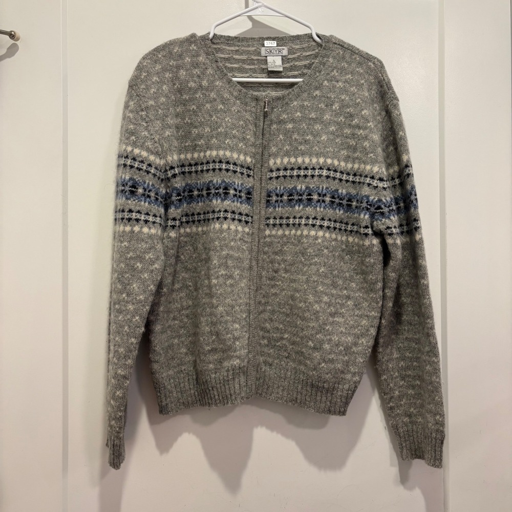 Skyr Womens 100% Wool Fair Isle Zip Front Cardigan Sweater Grey Blue Large